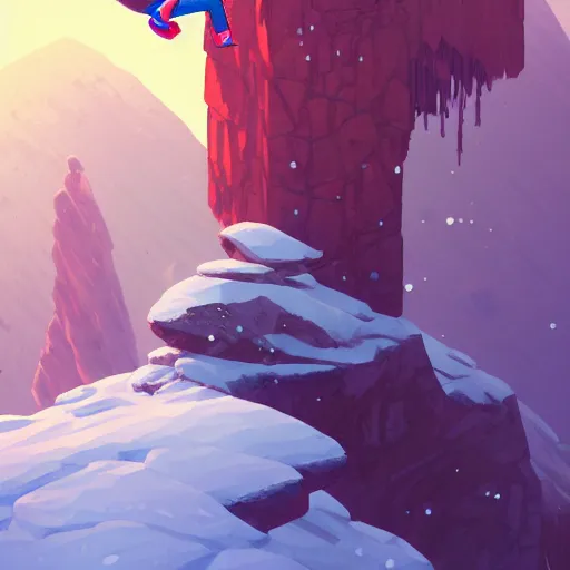 Image similar to madeline from celeste climbing a snowy mountain, pixel art, highly detailed, digital painting, artstation, concept art, sharp focus, illustration, art by greg rutkowski and alphonse mucha