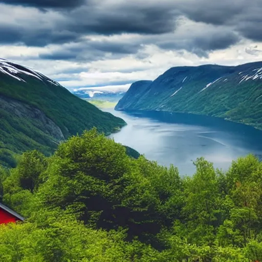 Prompt: norwegian fjord landscape in the summer