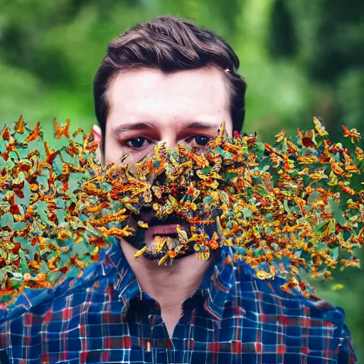 Prompt: a man covered in butterflies, dslr photo, high definition, award winning.