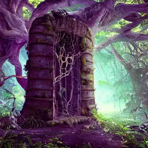 Image similar to horrific portal to another world embedded in a terrifying tree in a densely overgrown jungle, fantasy, dreamlike sunraise, ultra realistic, atmospheric, stopped in time, epic