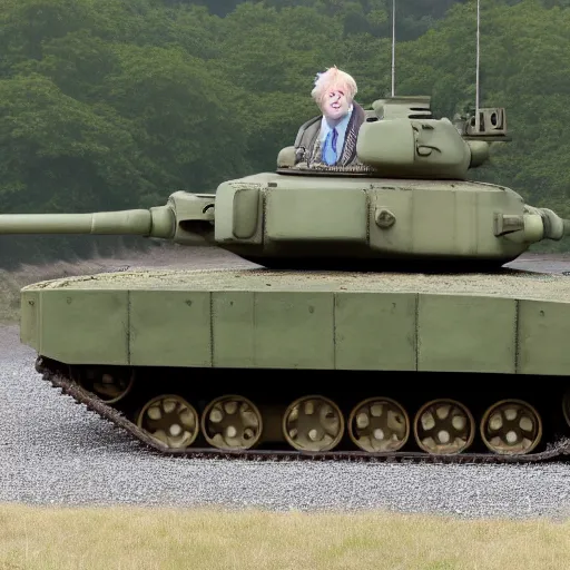 Image similar to A long shot of Boris Johnson in a tank, 4k, ultra HD