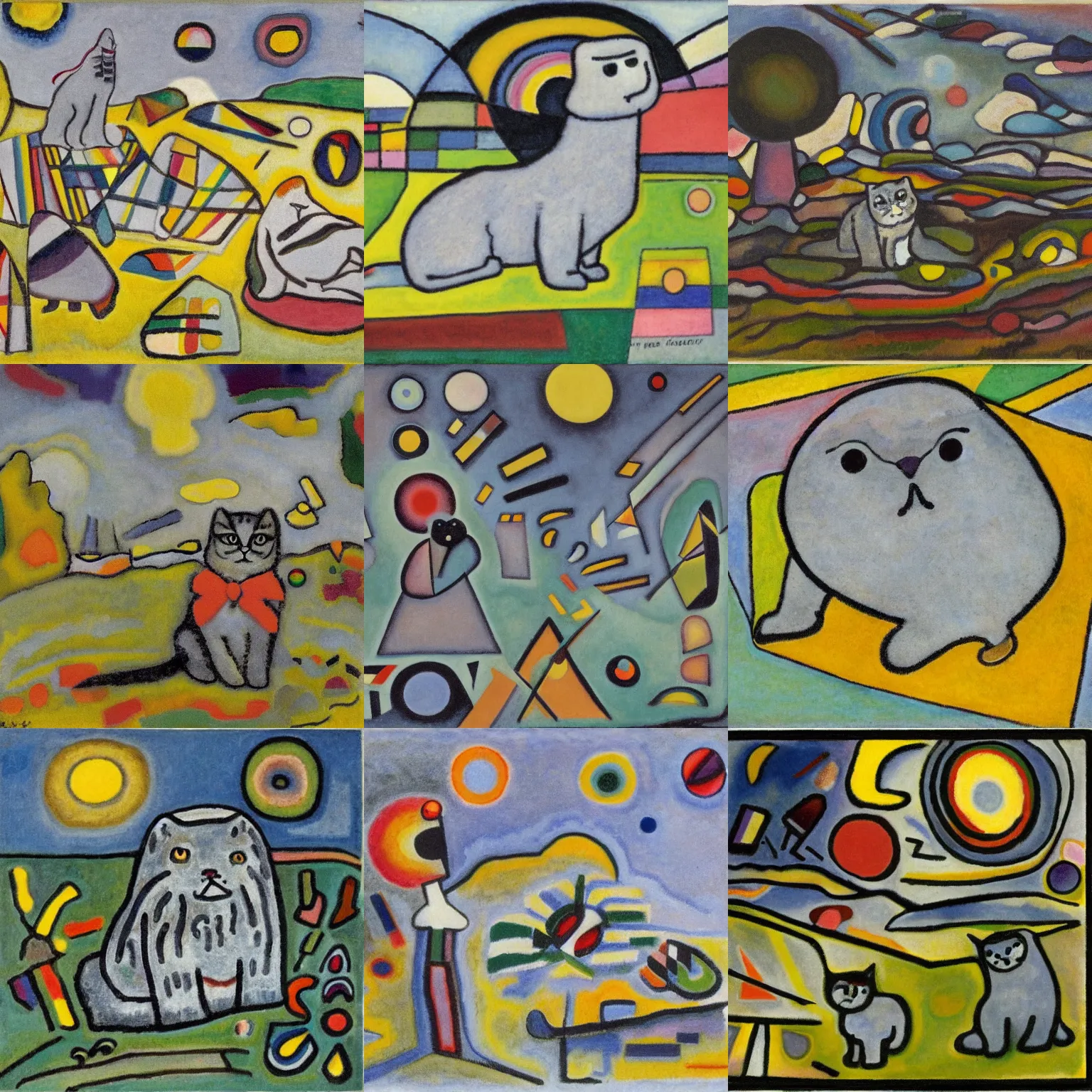 Prompt: a gray scottish fold sitting in the middle of sunny meadow, by wassily kandinsky