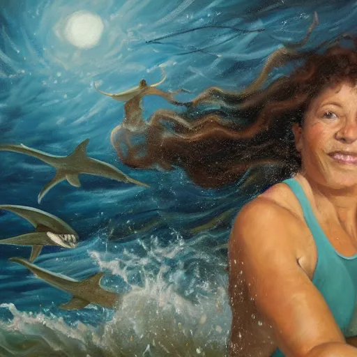 Prompt: masterful oil painting of an athletic woman in her fifties with curly brown hair, swimming in the middle of a rough sea surrounded by sharks, above her, in the night sky there is a star.