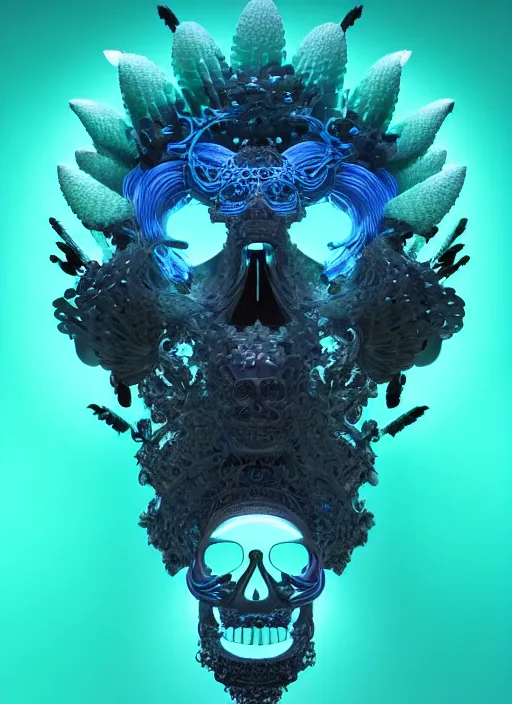 Image similar to 3 d goddess profile portrait, sigma 5 0 0 mm f / 5. beautiful intricate highly detailed quetzalcoatl skull and feathers. bioluminescent, plasma, lava, ice, water, wind, creature, thunderstorm! artwork by tooth wu and wlop and beeple and greg rutkowski, 8 k trending on artstation,