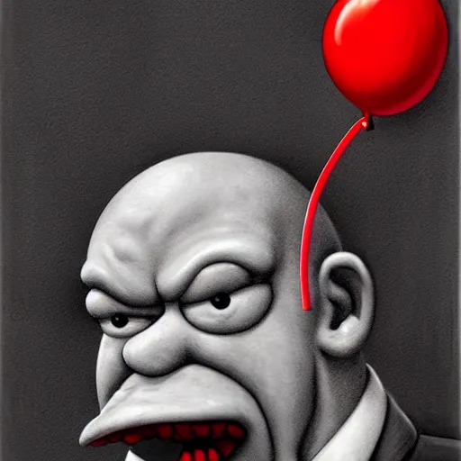 Image similar to surrealism grunge cartoon portrait sketch of homer simpson with a wide smile and a red balloon by - michael karcz, loony toons style, corpse bride style, horror theme, detailed, elegant, intricate