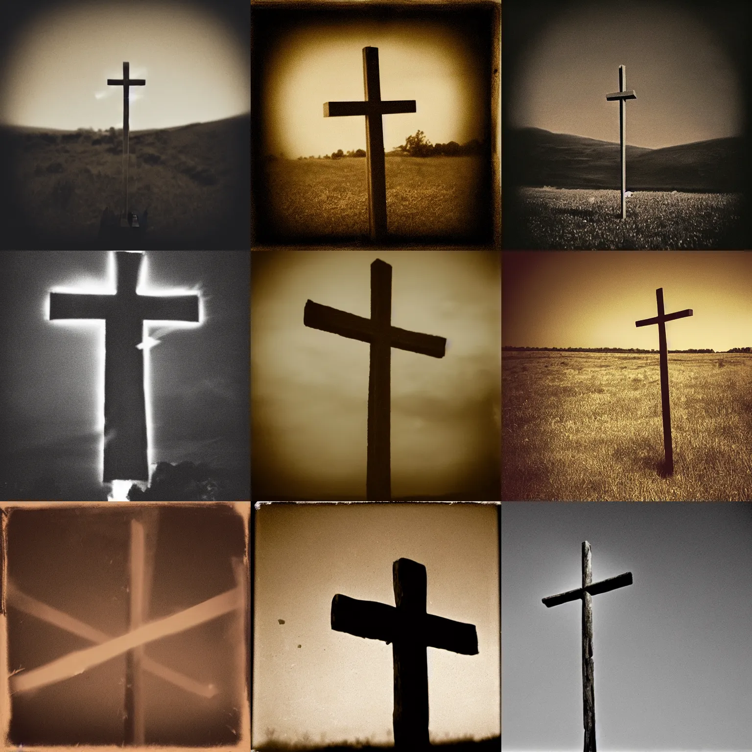 Prompt: a cross made of fire above an battlefield, pinhole, sepia filter