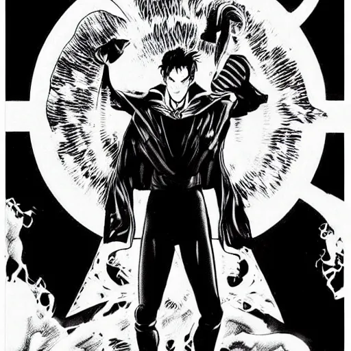 Image similar to pen and ink!!!! attractive 22 year old Dr. Strange Gantz monochrome!!!! Frank Zappa x Ryan Gosling highly detailed manga Vagabond!!!! telepathic floating magic swordsman!!!! glides through a beautiful!!!!!!! battlefield magic the gathering dramatic esoteric!!!!!! pen and ink!!!!! illustrated in high detail!!!!!!!! graphic novel!!!!!!!!! by Hiroya Oku!!!!!!!!! and Frank Miller!!!!!!!!! MTG!!! award winning!!!! full closeup portrait!!!!! action manga panel