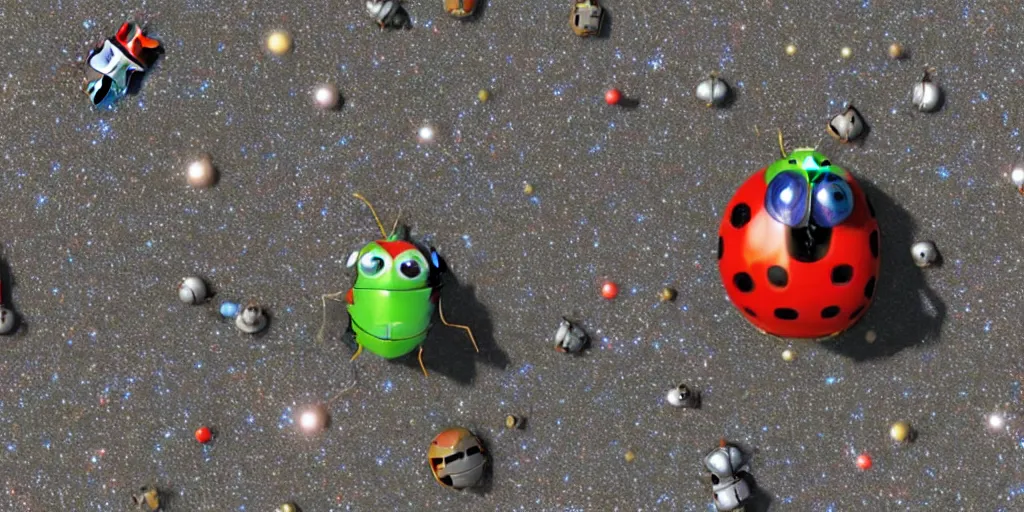 Image similar to a 3 d rendered movie still from a distance of 3 0 m of a ladybug 1 million years from now. the ladybug is sentient, wears tiny spacesuit, and conquered space exploration in a tiny space ship. science fiction blockbuster movie ladybugs rule the world, imax 7 0 mm. buzz lightyear.