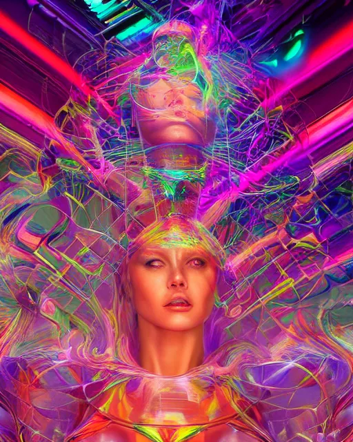 Image similar to a powerful energy psychedelic matrix woman, by alexander fedosav, hyper detailed digital matte painting, concept art, hyperrealism, 1 6 k resolution, cinema 4 d, 8 k resolution, trending on artstation, behance hd, a masterpiece, by stephan martiniere, particles, cel - shaded, power bright neon energy, by david a. hardy,