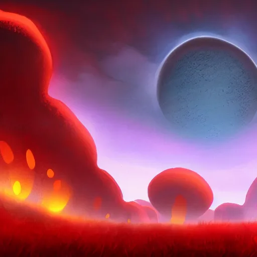 Prompt: concept art of an alien fungal landscape with red sky and dramatic lighting, ringed planet in sky