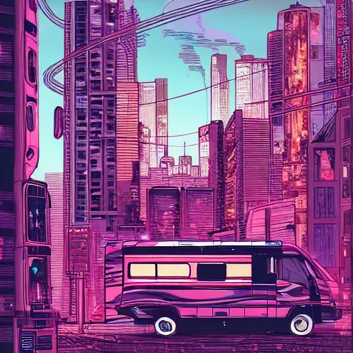 Image similar to digital painting of an RV in a cyberpunk city by Laurie Greasley, hyperdetailed, trending on Artstation