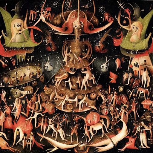 Image similar to disco party of demons and angels in hieronymus bosch style, hyper detailed, hyper realistic, dark humour