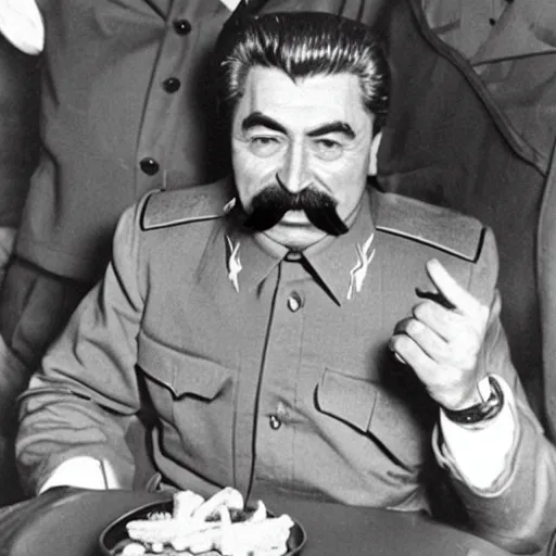 Image similar to joseph stalin enjoying a happy meal at mcdonald's