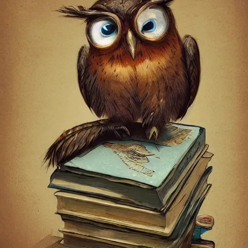 Prompt: long shot of a very cute plushy owl with sleepy eyes sitting on a pile of antique books, by esao andrews, by james jean, humorous illustration, hyperrealistic, big depth of field, fresh colors, dim light, 3 d octane render conceptart, 4 k, hyperdetailed, trending on artstation