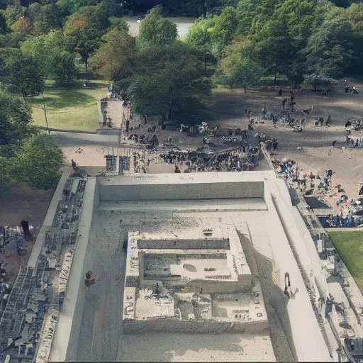 Image similar to egyptian excavation in central park new york drone footage shot on arri alexa flat light high detail blue sky