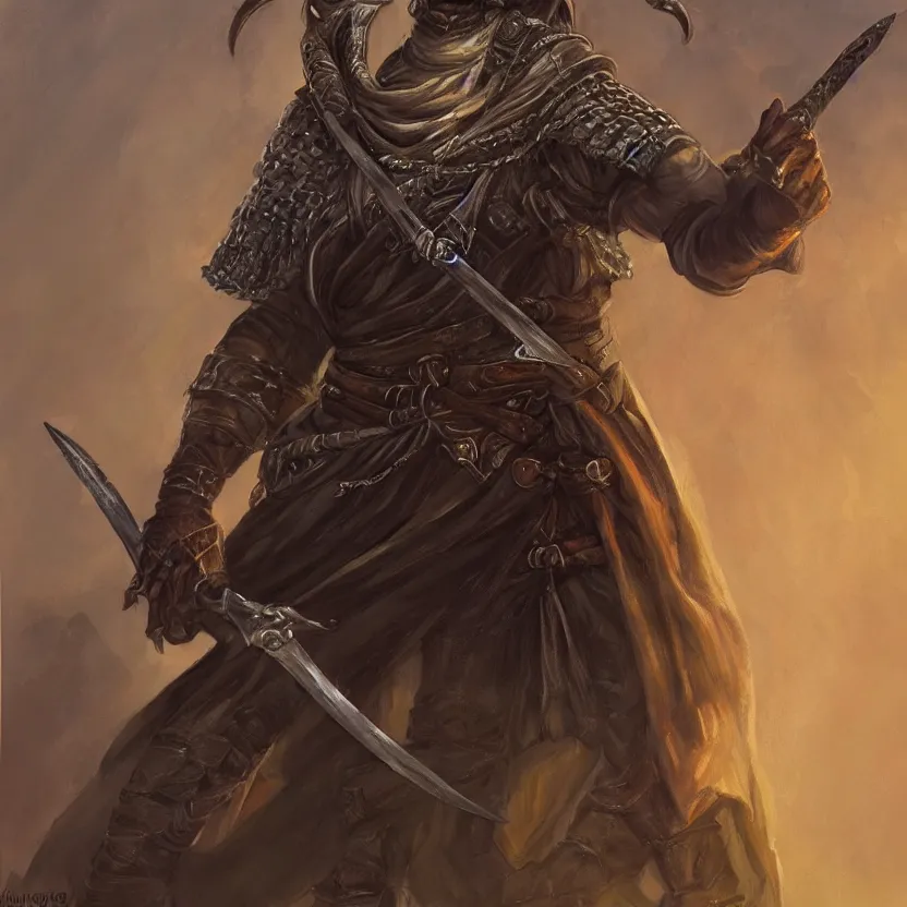 Image similar to an oil drawing of a gipsy tiefling with great sword in his hand in style of dark souls, a character portrait by muggur, disco elysium character, featured on deviantart, fantasy art, concept art, official art, hd mod