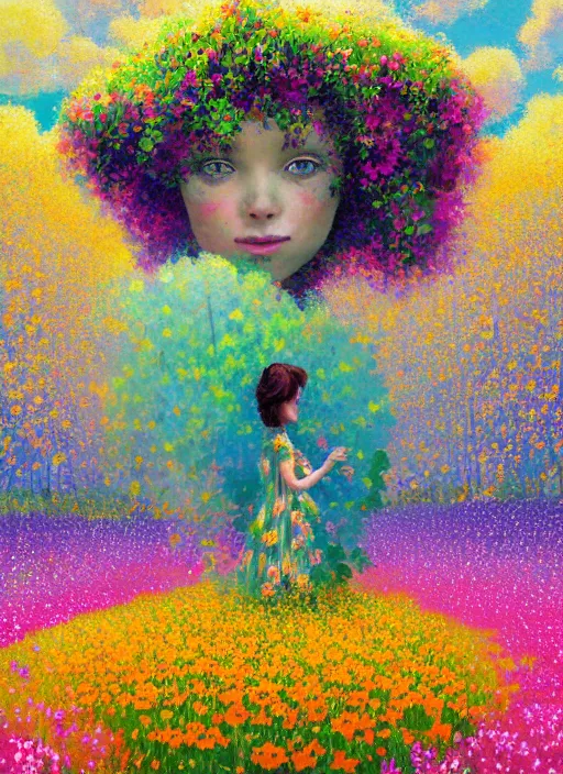 Image similar to girl with flower as a face, flower dress, standing in a flower field, big trees, sunrise dramatic light, impressionist painting, colorful clouds, digital painting, pointillism, artstation, simon stalenhag