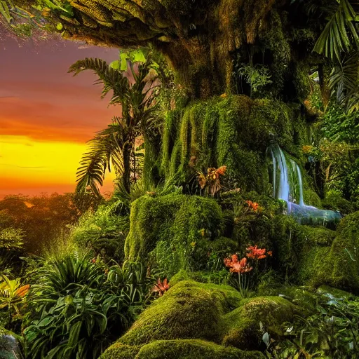 Prompt: a jungle temple surrounded by tropical flowers and moss, with a sunset, by alex horley, bokeh photography