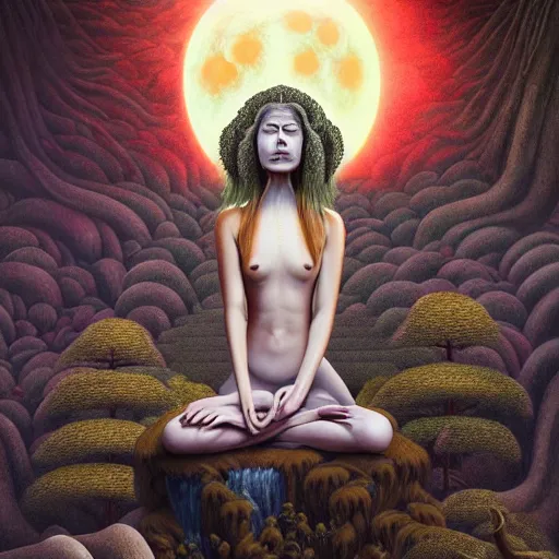 Image similar to a werewolf meditating in a zen garden with a waterfall under the blood moon, by Adi granov and afarin sajedi and amanda sage and evgeni gordiets and Agostino Arrivabene in a psychedelic portrait style, ultrarealistic matte painting, volumetric lighting, fractal, extremely symmetrical, highly detailed face, orisha, 8k, hd