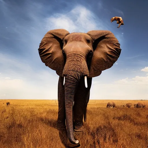 Image similar to film still of matrix, extreme wide shot of an tribal african man riding an elephant alone on the savannah, extreme long shot, 4 k, award winning