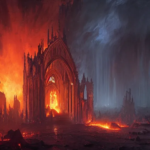 Prompt: burning cathedral ruins, by Andreas Rocha + Ted Nasmith, dark, cinematic lighting, masterpiece, highly detailed, 8k resolution, trending on art station