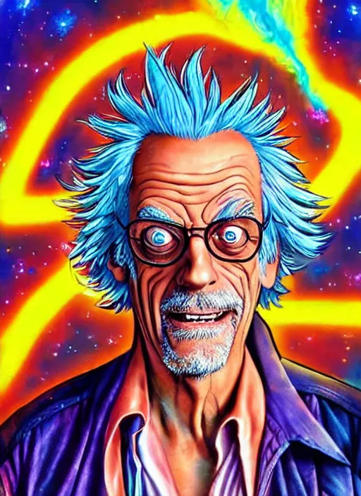 Image similar to Christopher Lloyd as Rick Sanchez by Noriyoshi Ohrai and Lisa Frank