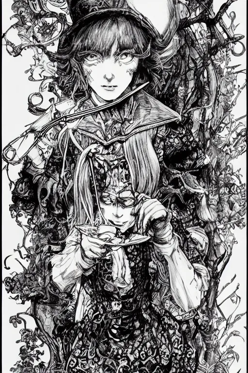 Image similar to Crying Alice in wonderland tarot card , pen and ink, intricate line drawings, by Yoshitaka Amano, Ruan Jia, Kentaro Miura, Artgerm, watercolor