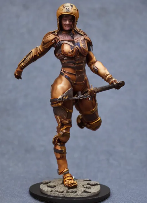 Prompt: 80mm resin detailed miniature of a helmeted muscular female, on textured disc base; Product Introduction Photos, 4K, Full body