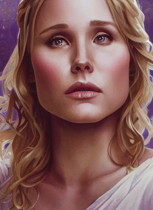 Prompt: beautiful portrait of kristen bell combined with maggie lawson, by magali villeneuve and greg rutkowski and artgerm and alphonse mucha, intricate, elegant, highly detailed, photorealistic, trending on artstation, trending on cgsociety, 8 k, sharp focus