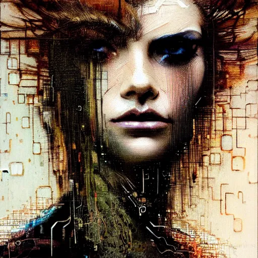 Prompt: hyperrealistic portrait of a mysterious cyberpunk woman with flowing hair, by Guy Denning, Russ Mills, beautiful, elusive, glitch art, hacking effects, glitch effects, photo real, brown eyes, digital tech effects, cybernetics, detailed lines, intricate detail, holographic, polished, chromatic, clear, color blocking, acrylic on canvas, octane, concept art, abstract, red face, front view, 8k, masterpiece, cgsociety, trending on artstation