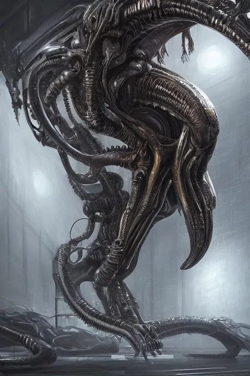 Image similar to ultra realist and ultra intricate detailed soft painting of a metal xenomorph fighting a Predator in a futuristic hallway, sensual gloomy style, volumetric clouds, artstation, unreal render, depth of field