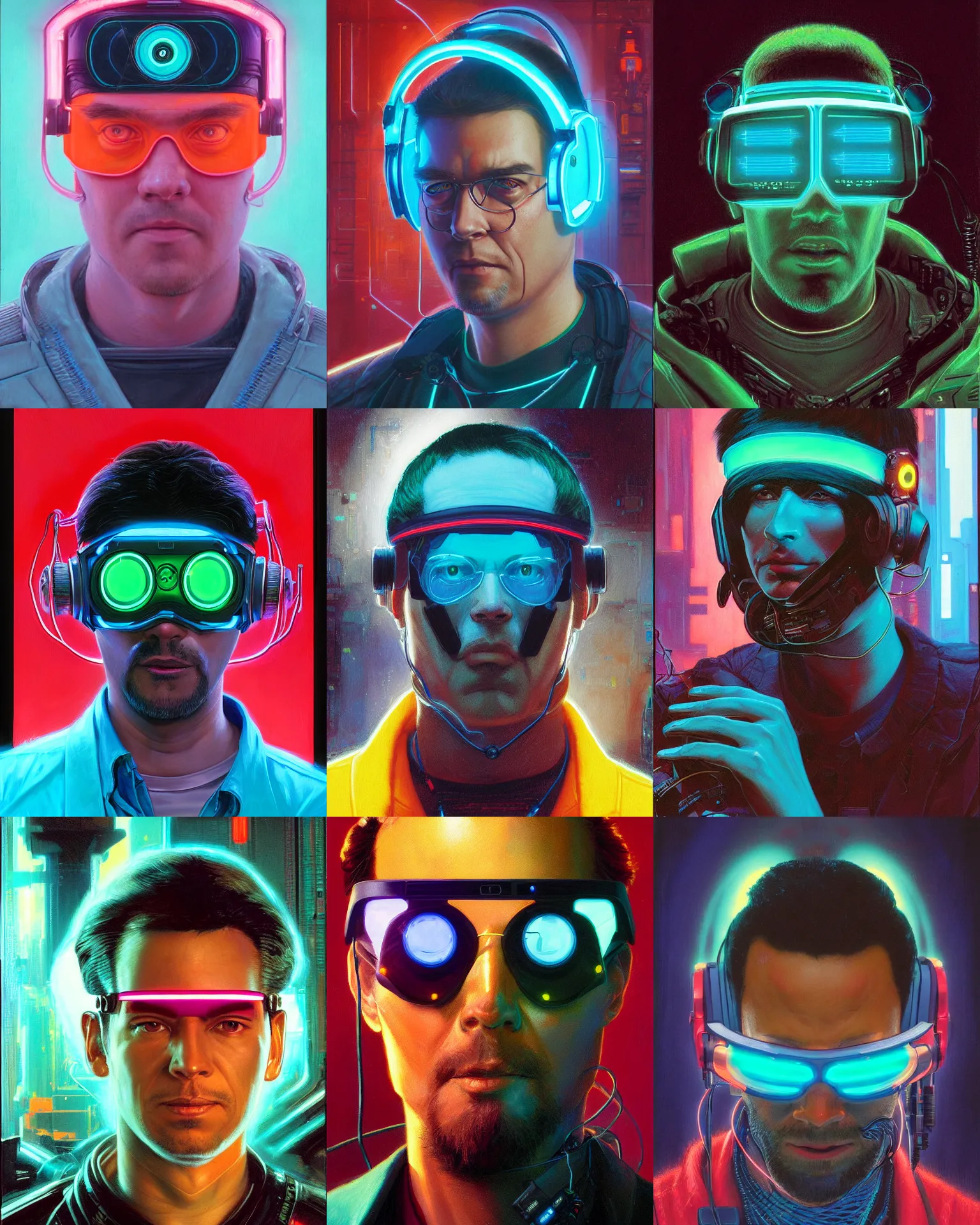 Prompt: digital neon cyberpunk programmer with geordi eye visor and headset headshot portrait painting by donato giancola, kilian eng, john berkley, hayao miyazaki, j. c. leyendecker, mead schaeffer neon teal