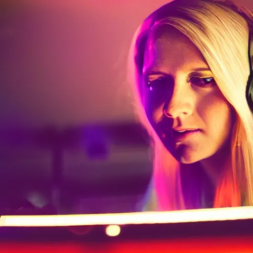 Image similar to A young, blonde-haired woman with soft facial features and blue eyes, 35mm photograph, neon lights in the background, DJing at coachella