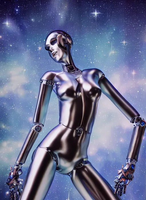 Image similar to Robotic beautiful Priestess posing in front of the stars by Hajime Sorayama, ultra detailed, beksinksi, chrome, dramatic lighting