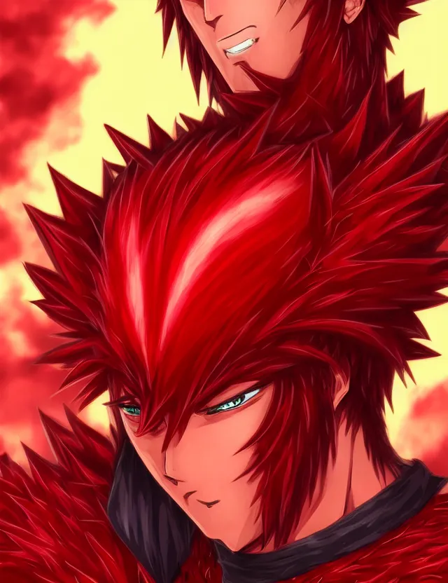 Image similar to a detailed manga portrait of a handsome tall man with spiked crimson hair in fiery crimson crystalline armour, trending on artstation, digital art, 4 k resolution, detailed, high quality, sharp focus, hq artwork, coherent, insane detail, character portrait