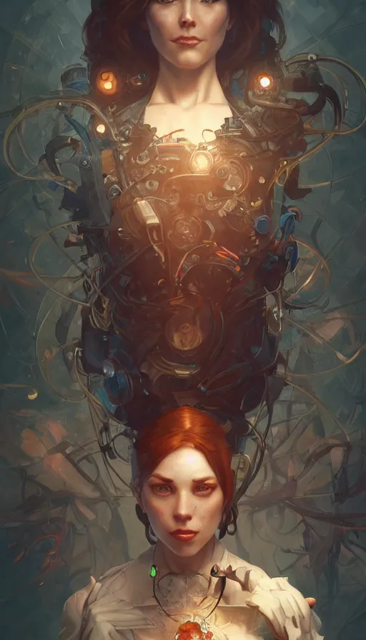 Image similar to crazy inventor, sweaty, insane, intricate, highly detailed, digital painting, artstation, concept art, smooth, sharp focus, illustration, Unreal Engine 5, 8K, art by artgerm and greg rutkowski and alphonse mucha
