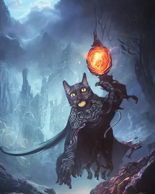 Image similar to Cat necronomancer, portrait, casting dark spell, magic the gathering artwork, D&D, fantasy, cinematic lighting, centered, symmetrical, highly detailed, digital painting, artstation, concept art, smooth, sharp focus, illustration, volumetric lighting, epic Composition, 8k, art by Akihiko Yoshida and Greg Rutkowski and Craig Mullins, oil painting, cgsociety