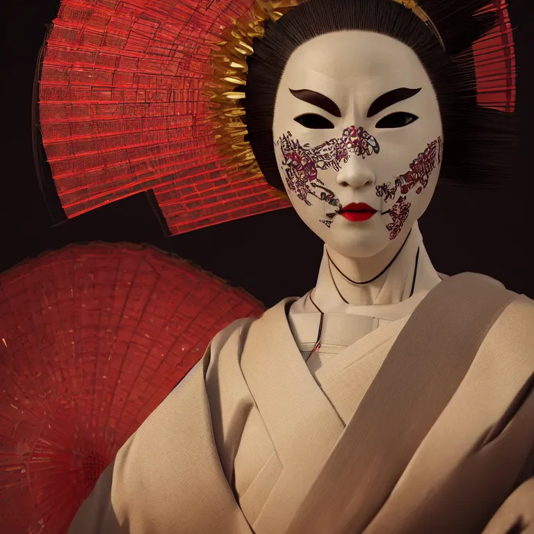 Image similar to a beautiful japanese geisha robot android portrait, kabuki mask, in the style of ash thorp, beautiful, diffuse cinematic lighting, anamorphic lens, anamorphic lens flare, hyper real, intricate detail, octane renderer, unreal engine 5