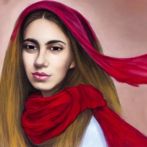 Prompt: A photorealistic portrait of an Iranian young woman with long blonde hair wearing a red scarf