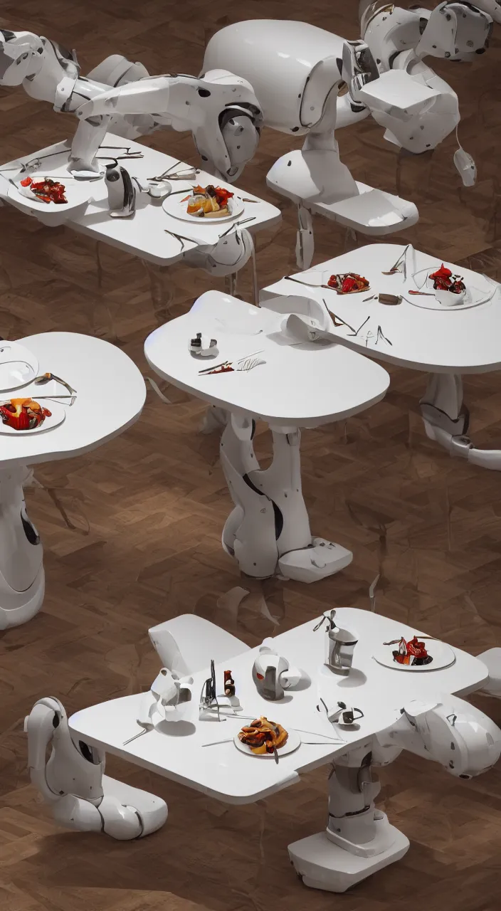 Image similar to three large white glossy kuka industrial robot arms on the floor around a dinner table, the kuka industrial robot arms are wearing bow ties, the table is full of food, they are having dinner inside a fine dining restaurant with mid century modern furniture and decor, global illumination, artstation, fantasy