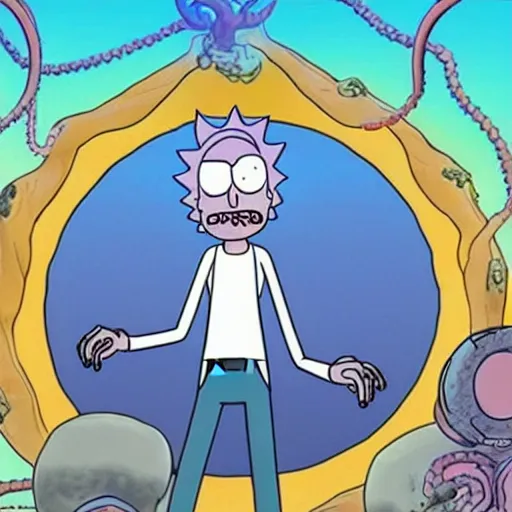 Prompt: realistic looking rick and morty in front of a portal with tentacles coming out of the portal