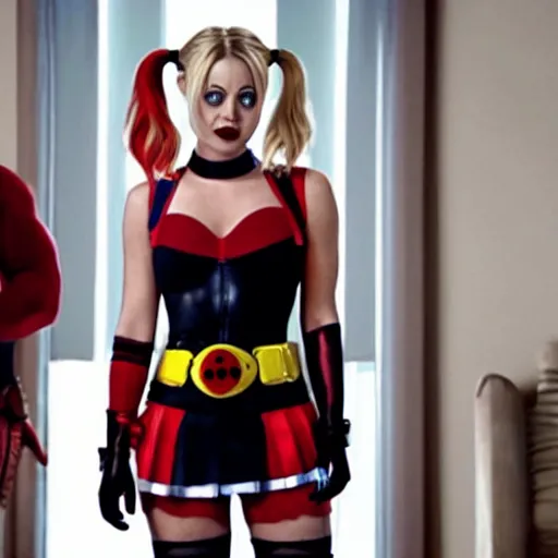 Image similar to A still of Kaley Cuoco as Harley Quinn, wearing her comics-accurate outfit