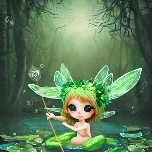 Prompt: tiny mischievous forest fairy spirit darts through the air over a frog pond at night. she is small, like tinker bell. the spirit a cute chibi dryad. magic swirls in the air. the spirit grins with glee. the frogs are large and croak loudly by the lilypads. by kevin walker, by greg staples, by daarken, by terese nielsen,