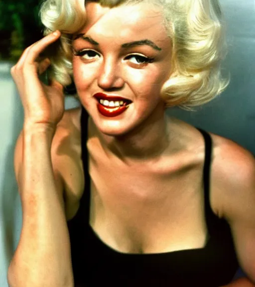 Image similar to 1960s color photograph of Marilyn Monroe no makeup, casual setting, getty image, candid moment, kodak film