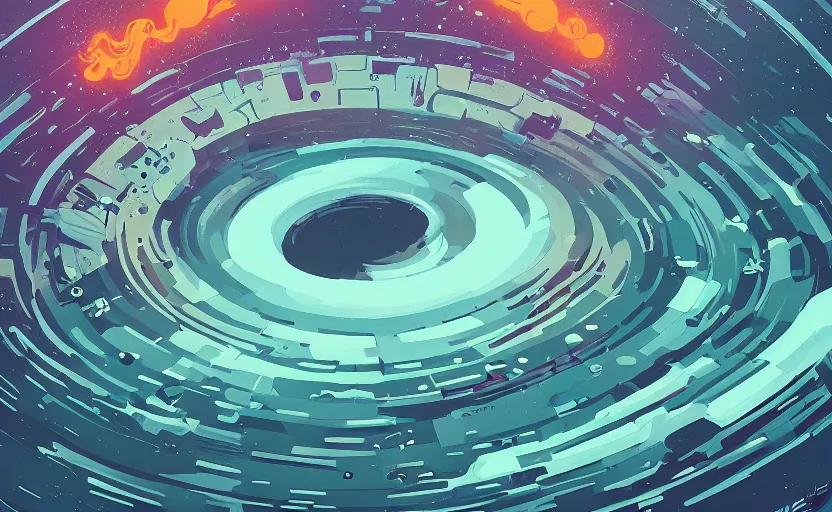 Image similar to concept art of an epic spiral galaxy in style of dan mumford and laurie greasley by james gilleard, very detailed, clean lines, atmospheric, masterpiece