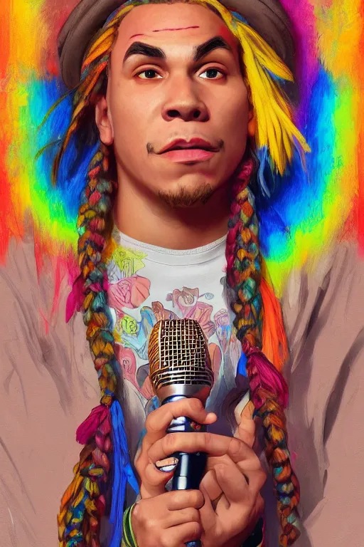 Image similar to colorful cottagecore tekashi 6ix9ine holding a microphone. intricate, elegant. highly detailed, digital painting, artstation, concept art, smooth, sharp, focus, illustration. . art by artgerm and greg rutkowski and alphonse mucha