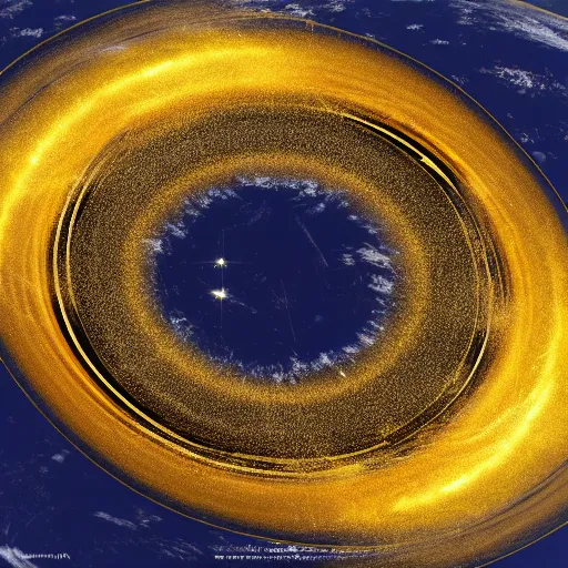 Image similar to golden rings circling the earth, highly detailed photograph, taken from space