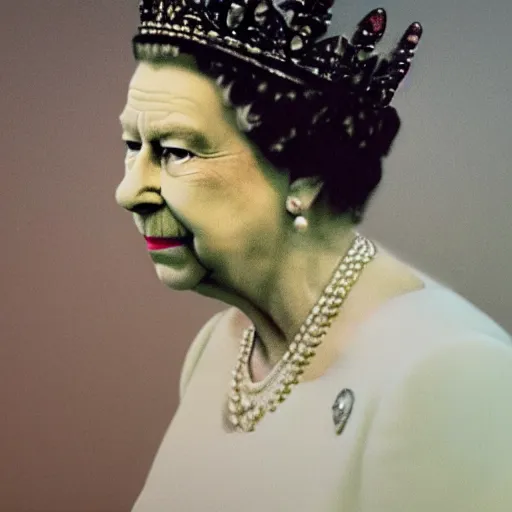 Image similar to queen Elizabeth on a wrecking ball, 8k, hyperrealistic