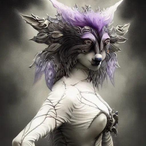 Image similar to tom bagshaw, soft painting fractal curiosities carnival, single beautiful anthropomorphic wolf mutation in full nightshade gothic armor, accurate features, focus, very intricate ultrafine details, black white purple volumetric clouds, award winning masterpiece, octane render 8 k hd