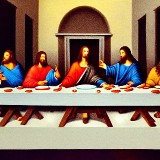 Image similar to eating pizza at the last supper